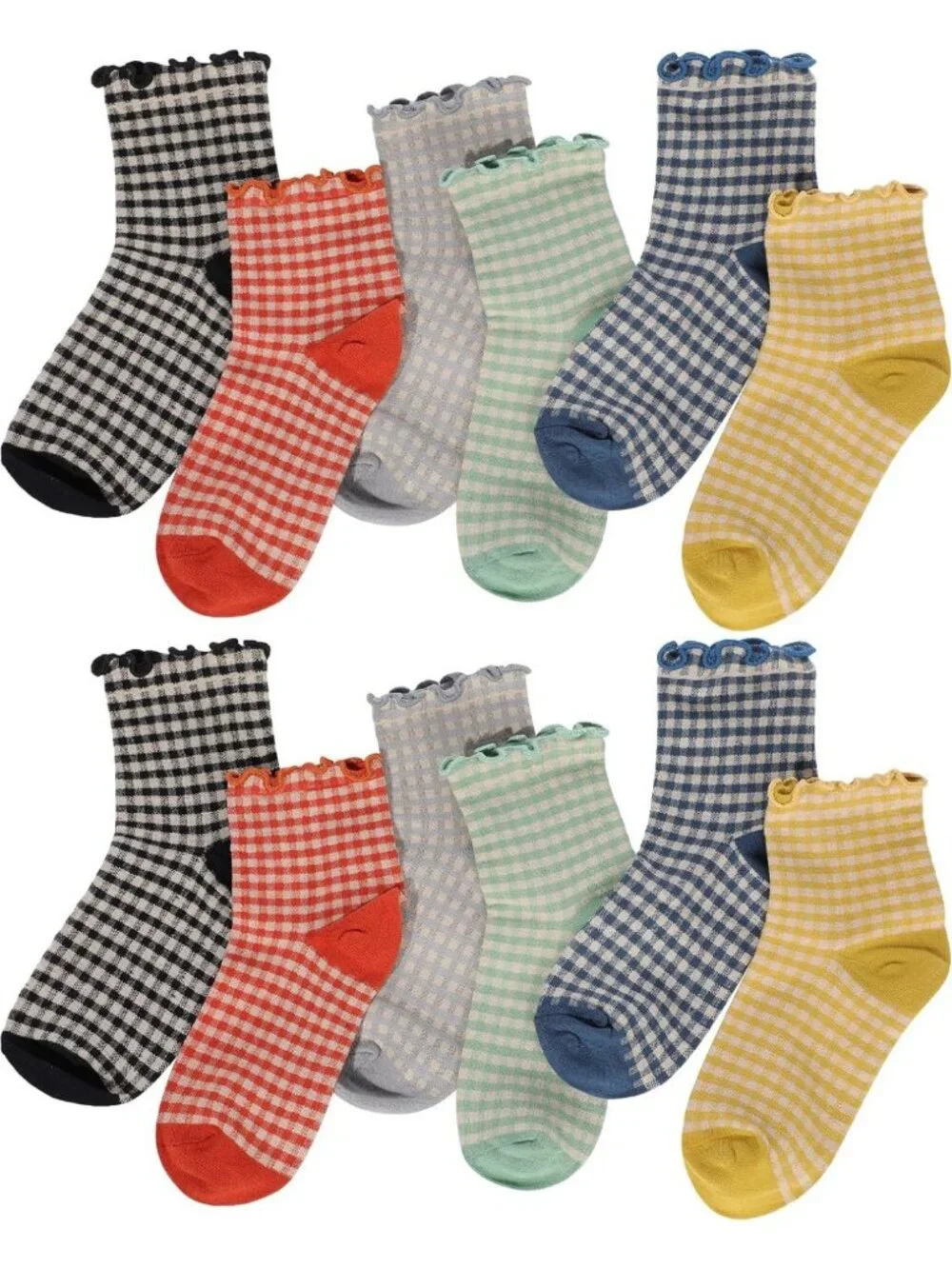 Cute Ruffle Ankle Socks - 12 Pairs Gingham Checkered Striped Cotton Crew 5-9